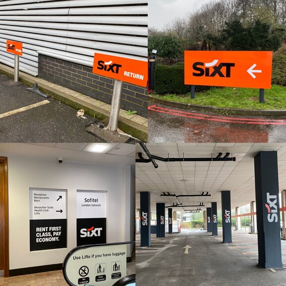 A collage of Sixt indoor and outdoor signage.